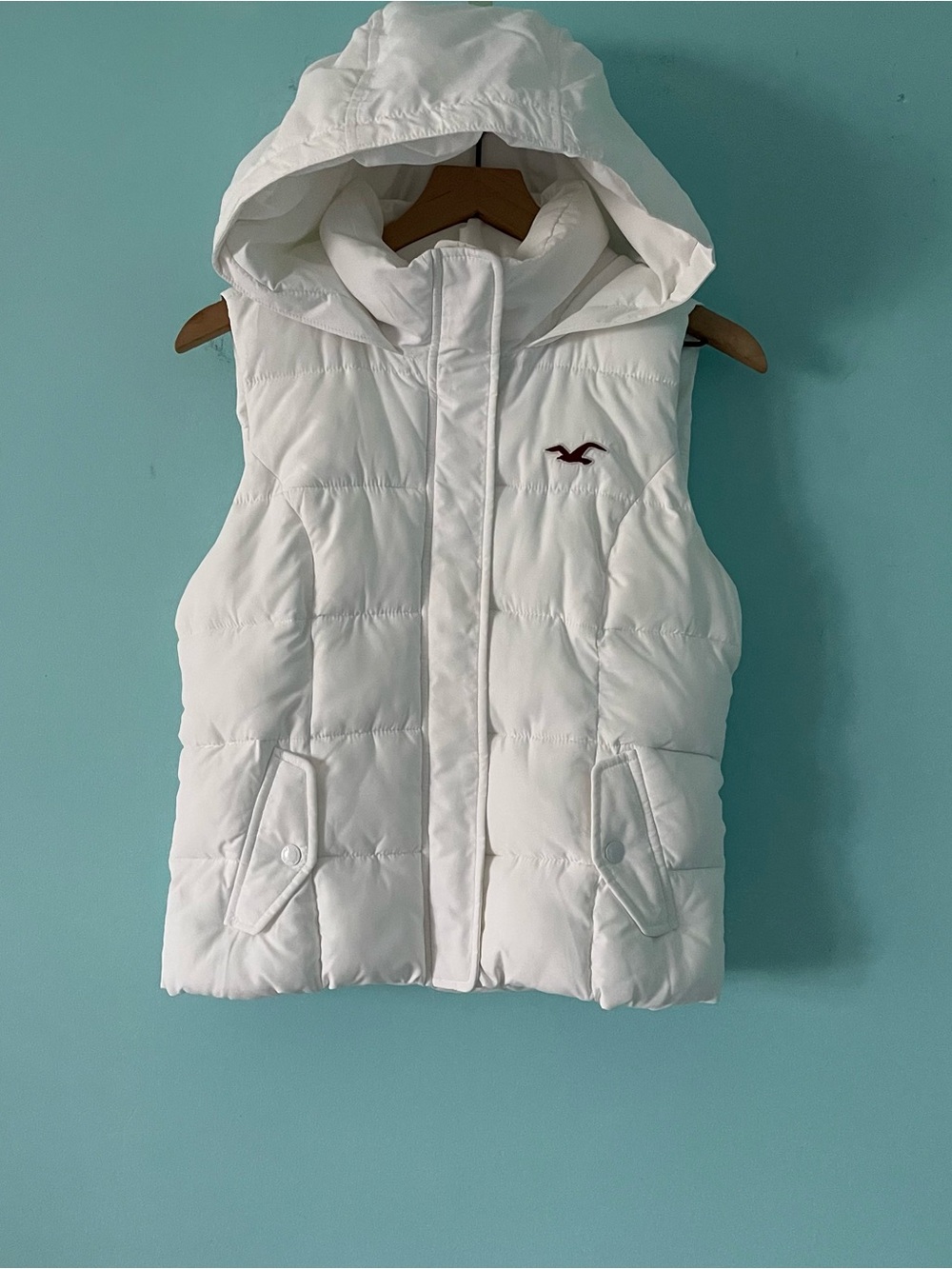 Hollister White Y2K Puffer Hooded Winter Snow Jacket Vest L Insulated Womens